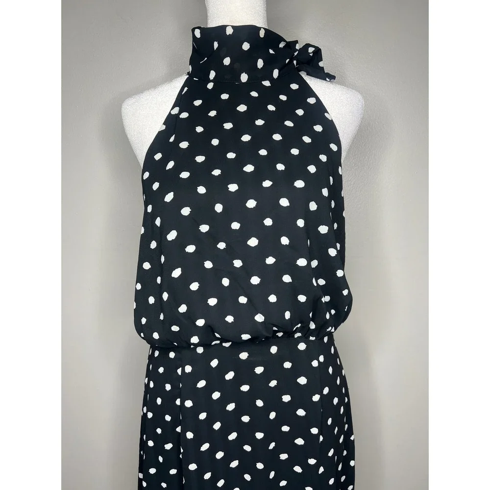 Women's Black White Polka Dot Halter Midi Dress Bow Neck Tiered Ruffle M